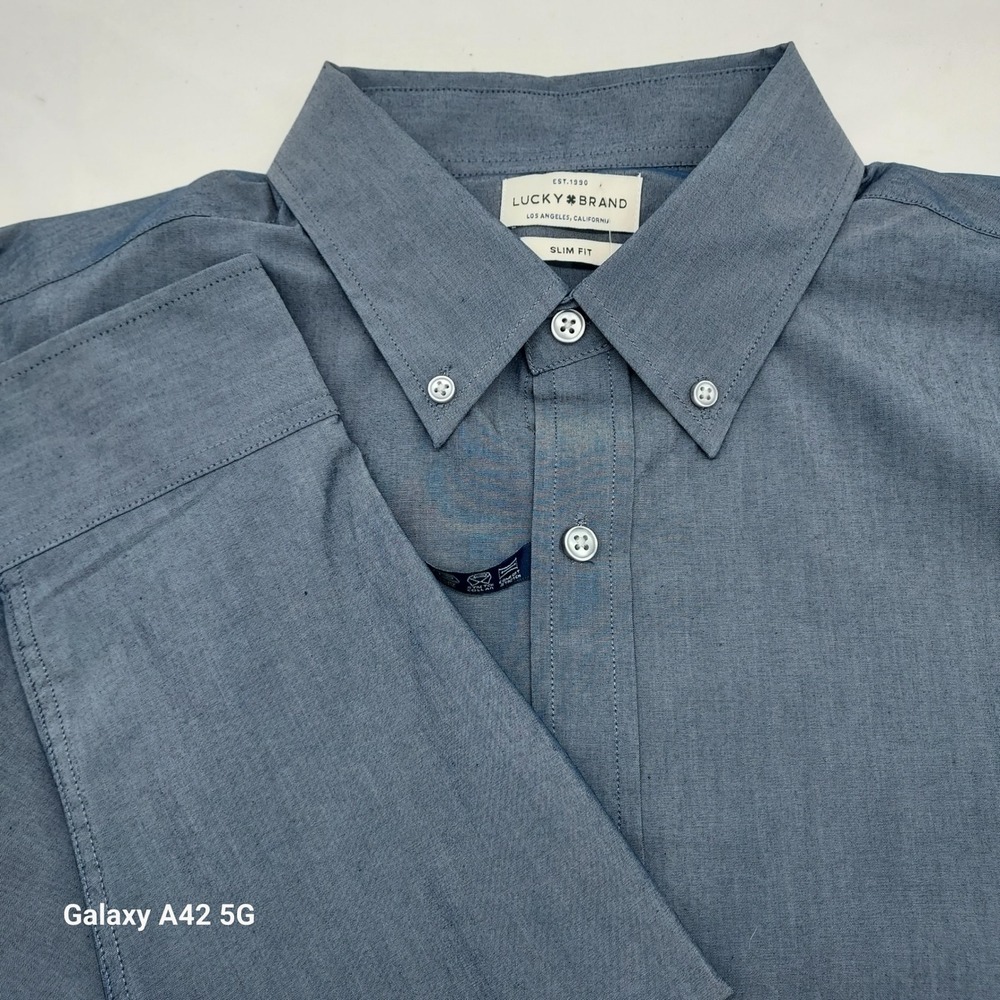 Lucky Brand Mens Slim Fit Dress Shirt Blue Stretch‎ Collar Long Sleeve L 16-16.5